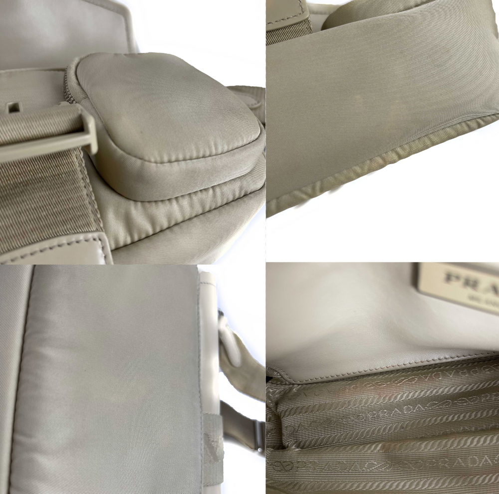 PRADA Re-Nylon Tessuto Brushed Calfskin Pocket Shoulder Bag Desert Beige Great