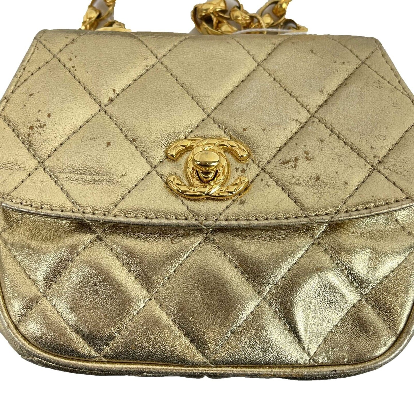 CHANEL - Mini Flap Bag Vintage Chain Metallic Gold CC Leather Quilted Crossbody