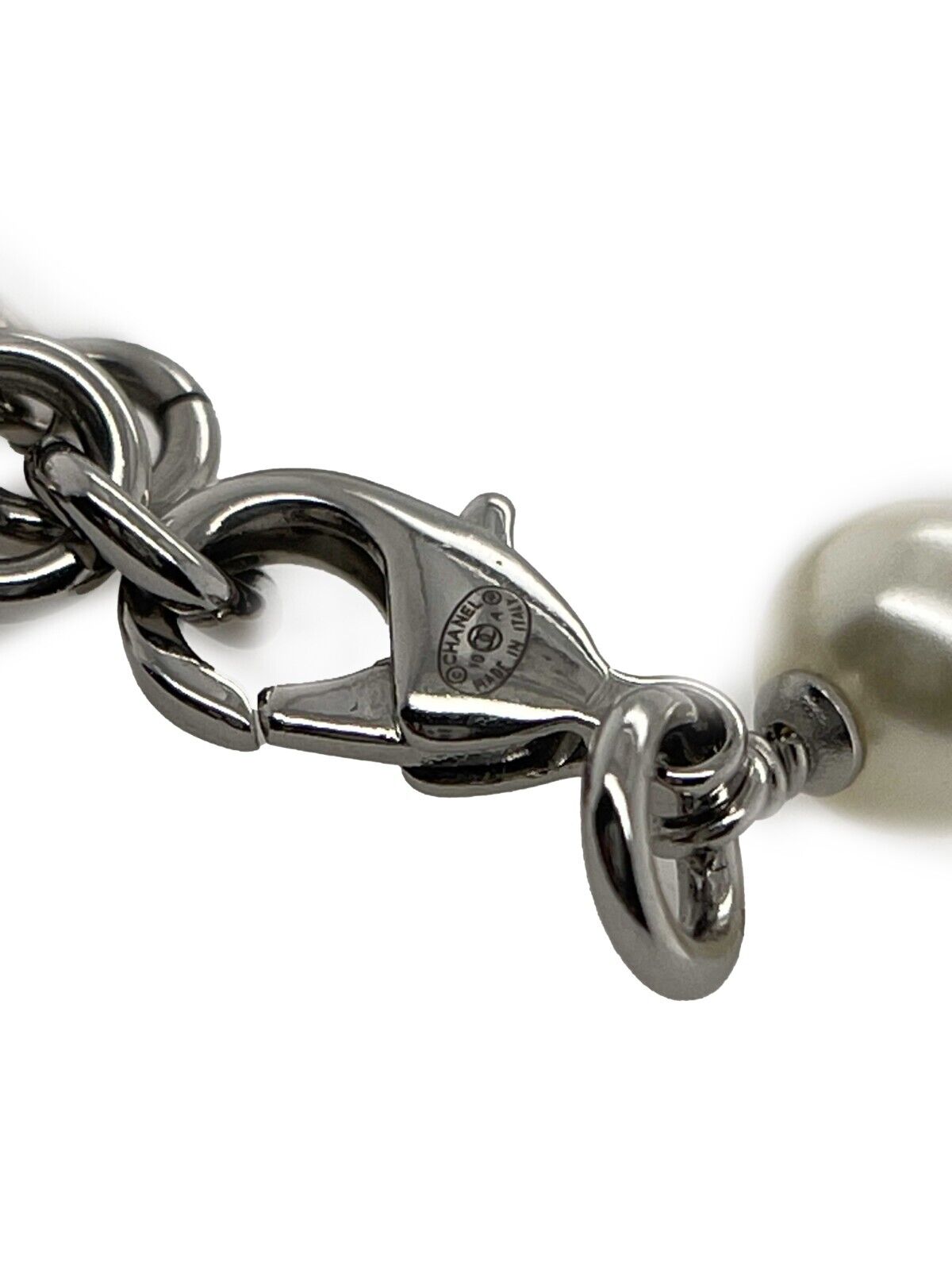 Chanel 10A CC Charm Faux Pearl Crystal Long Silver Necklace