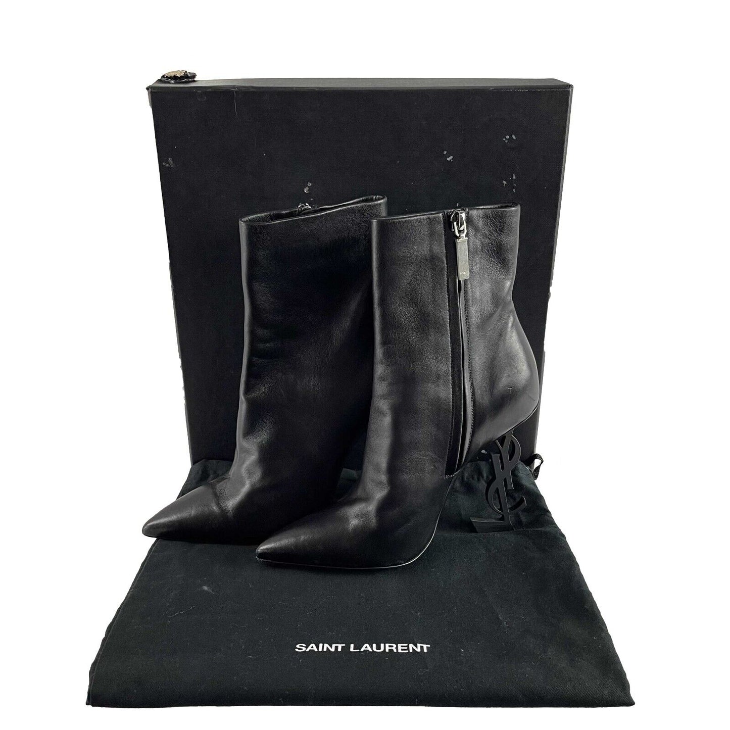 Saint Laurent Opyum YSL Logo Heel Black Leather Pointed Ankle Boot 35.5 US 5