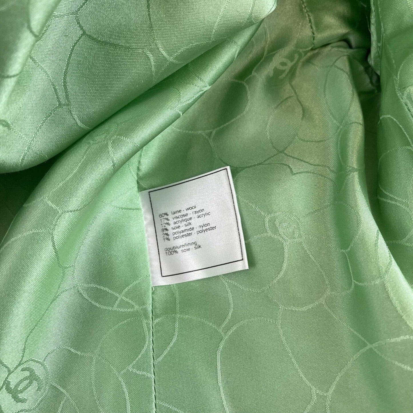 CHANEL - Tweed Jacket Ripped Flower Trim Fringe - Mint Green FR 38 US 6