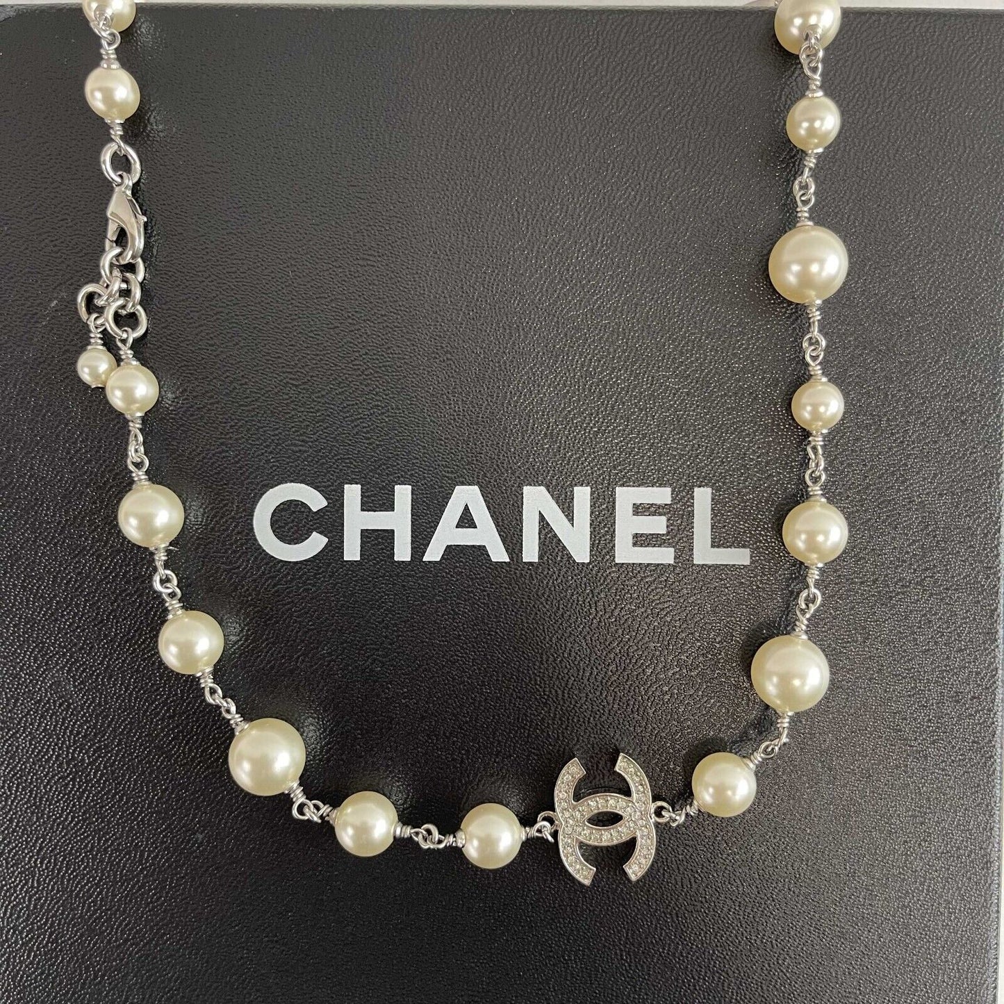 Chanel 10A CC Charm Faux Pearl Crystal Long Silver Necklace