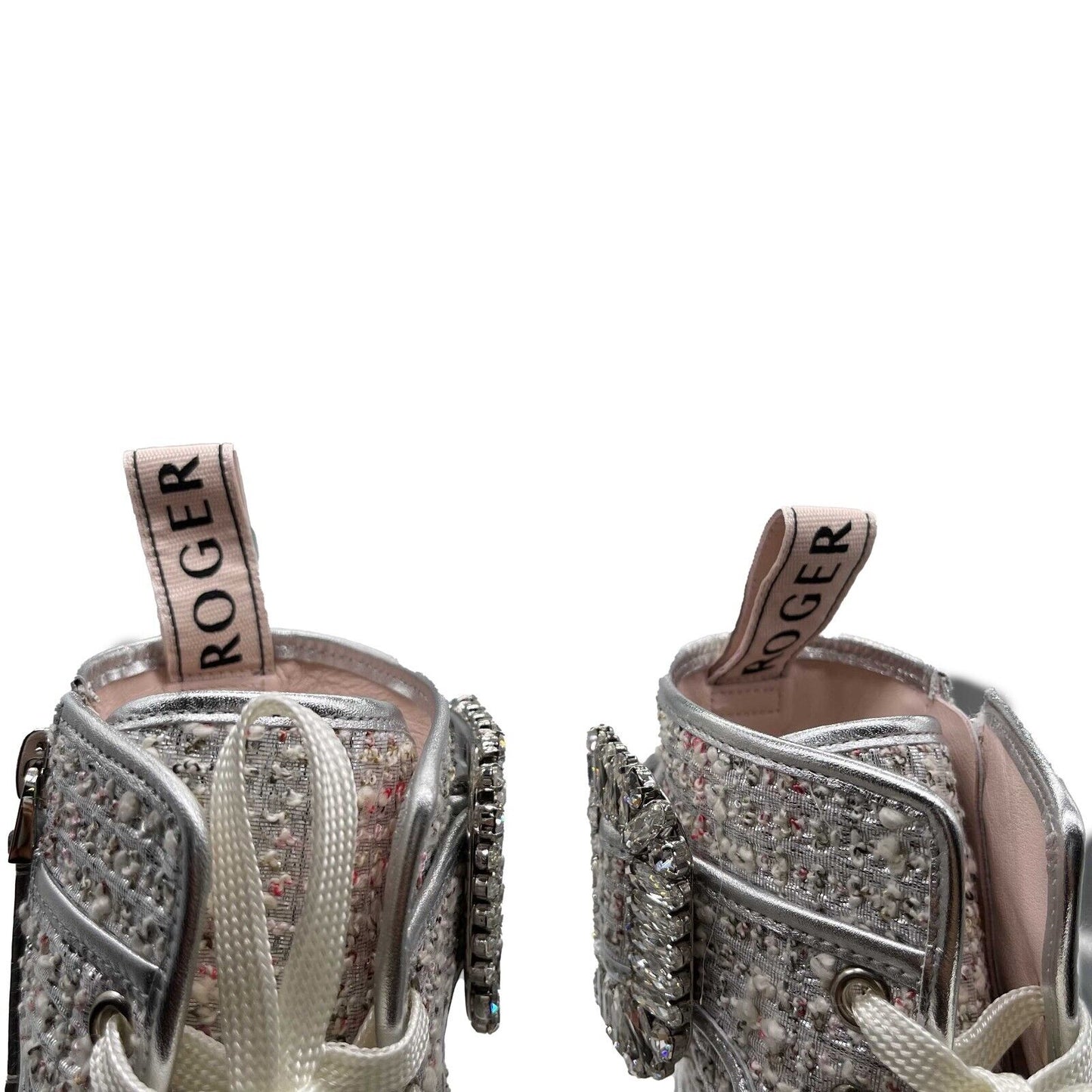 Roger Vivier NIB Crystal Tweed Cream Hiking Scout Boots 37 US 7 Silver Combat