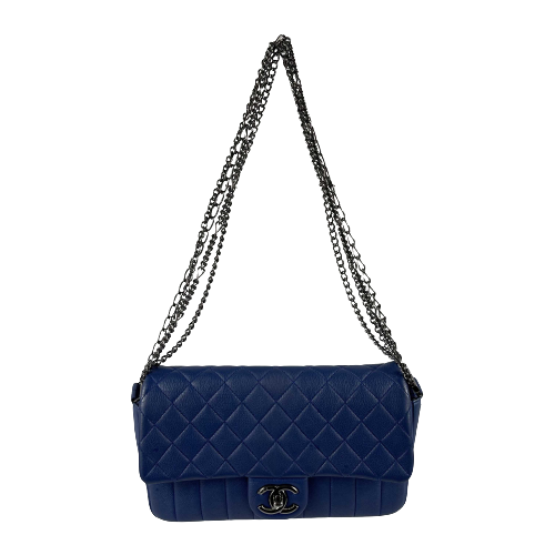 CHANEL - Quilted Leather Medium Single Flap Blue / Ruthenium Shoulder Bag
