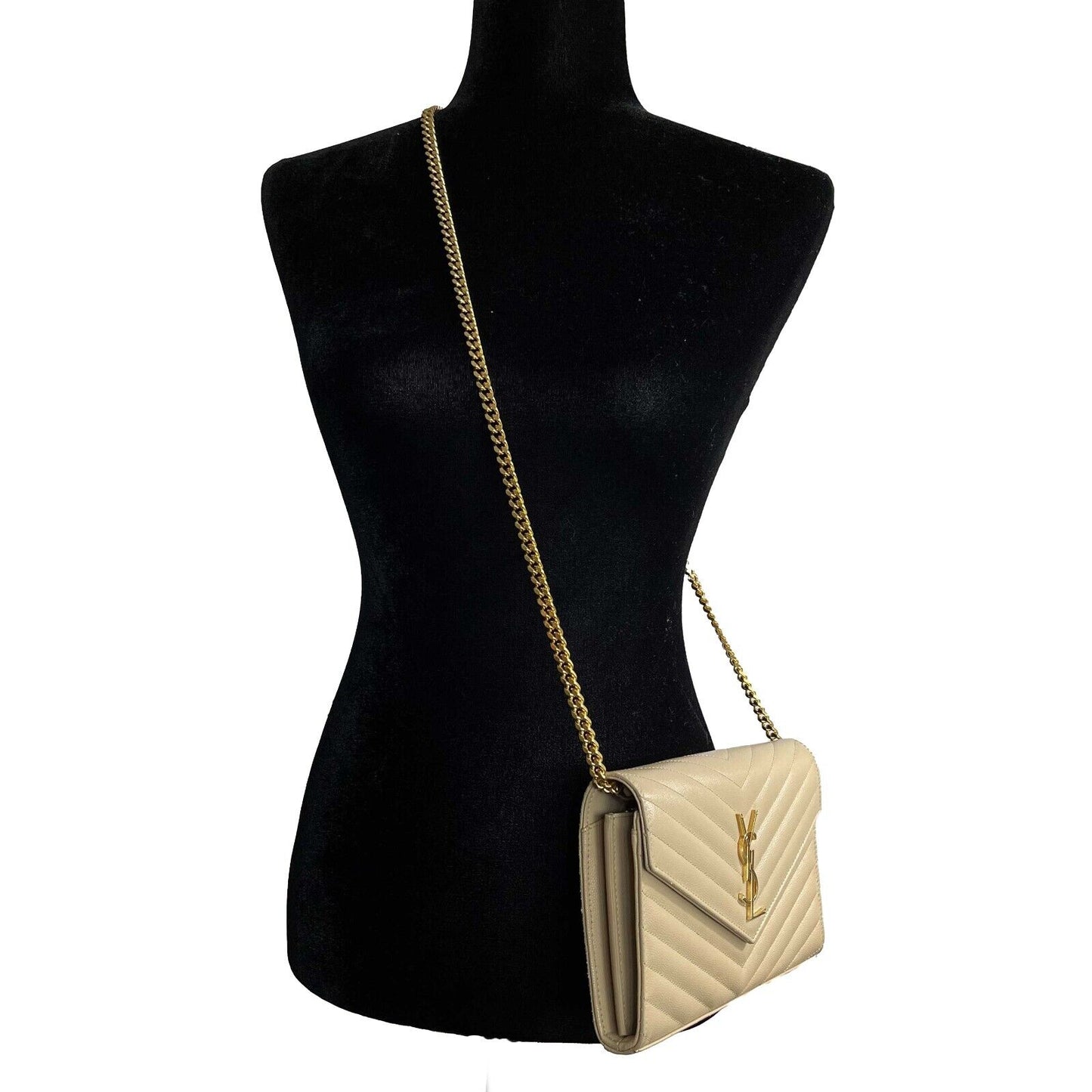 Saint Laurent - YSL Monogramme Grain de Poudre Wallet Chain / Beige Crossbody