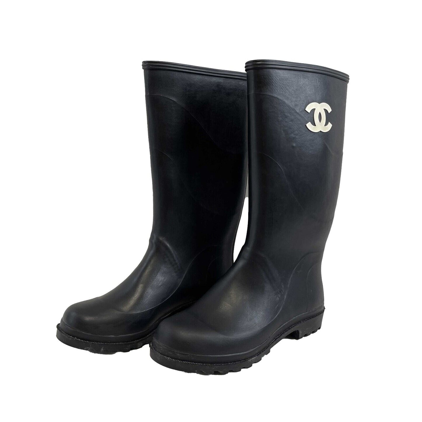 Chanel Very Good Vintage Rare CC Logo Rubber Rain Boots 90s Black 37 US 7 Shoes