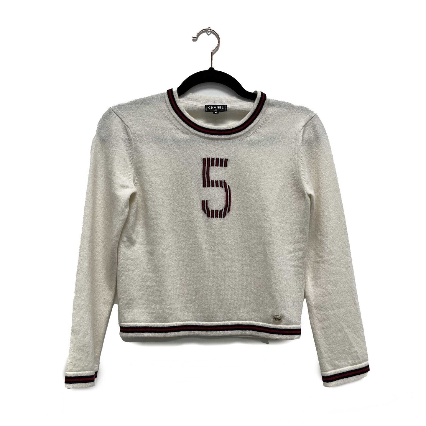 Chanel 19 No. 5 Logo Pullover Sweater Ivory NavyWhite Excellent 34 US 2