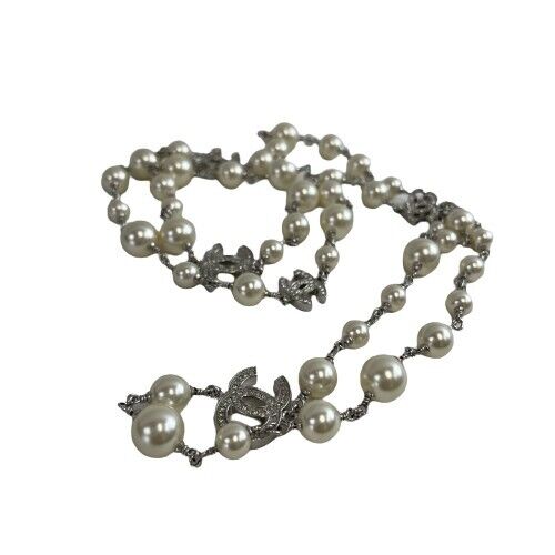 Chanel 10A CC Charm Faux Pearl Crystal Long Silver Necklace