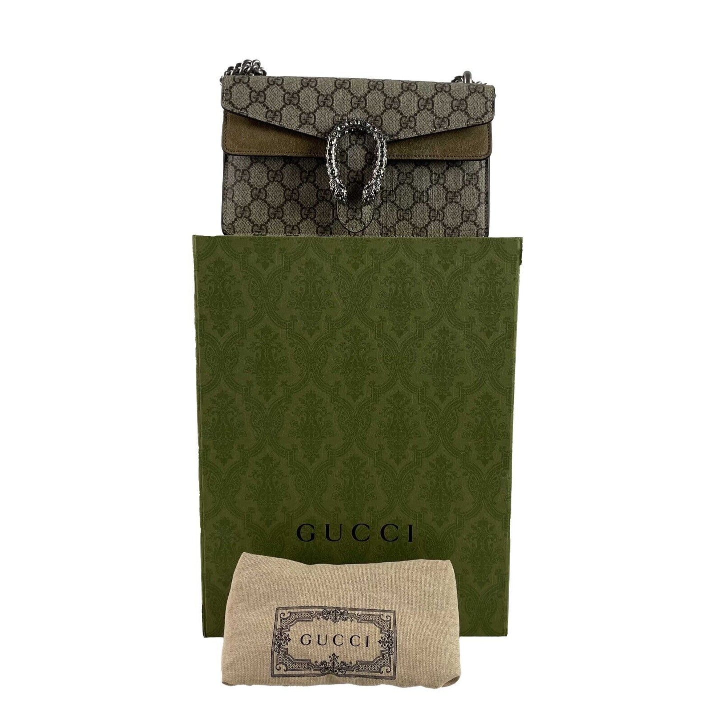 Gucci NWOT GG Supreme Monogram Suede Crystal Small Dionysus Brown Handbag