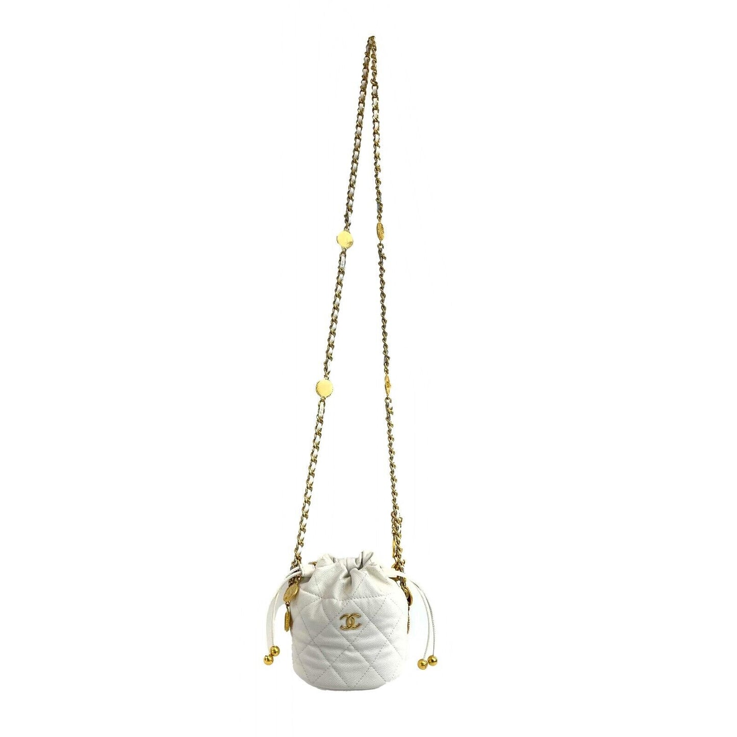 CHANEL - NEW Mini Bucket Bag - White Cavier Leather / God 10 Coins CC Crossbody