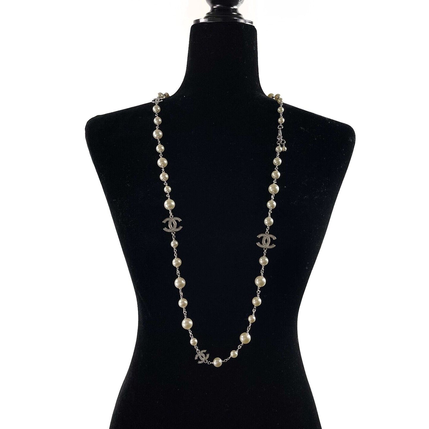 Chanel 10A CC Charm Faux Pearl Crystal Long Silver Necklace