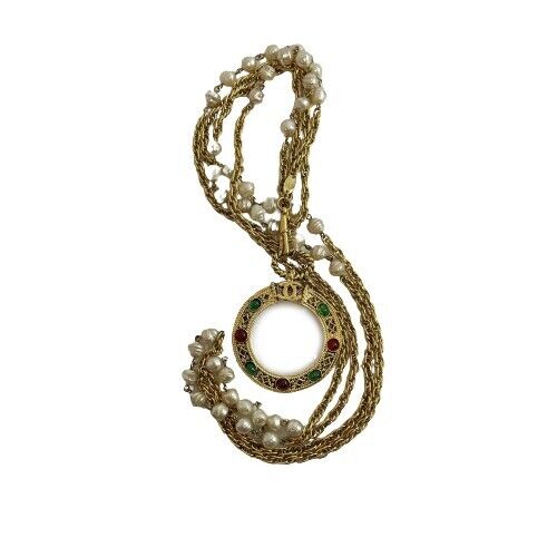 Chanel 1985 24K Plated CC Gripoix Red / Green Magnifier Glass Pendant Necklace