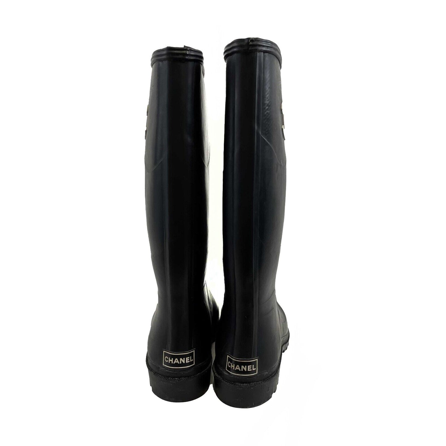 Chanel Very Good Vintage Rare CC Logo Rubber Rain Boots 90s Black 37 US 7 Shoes