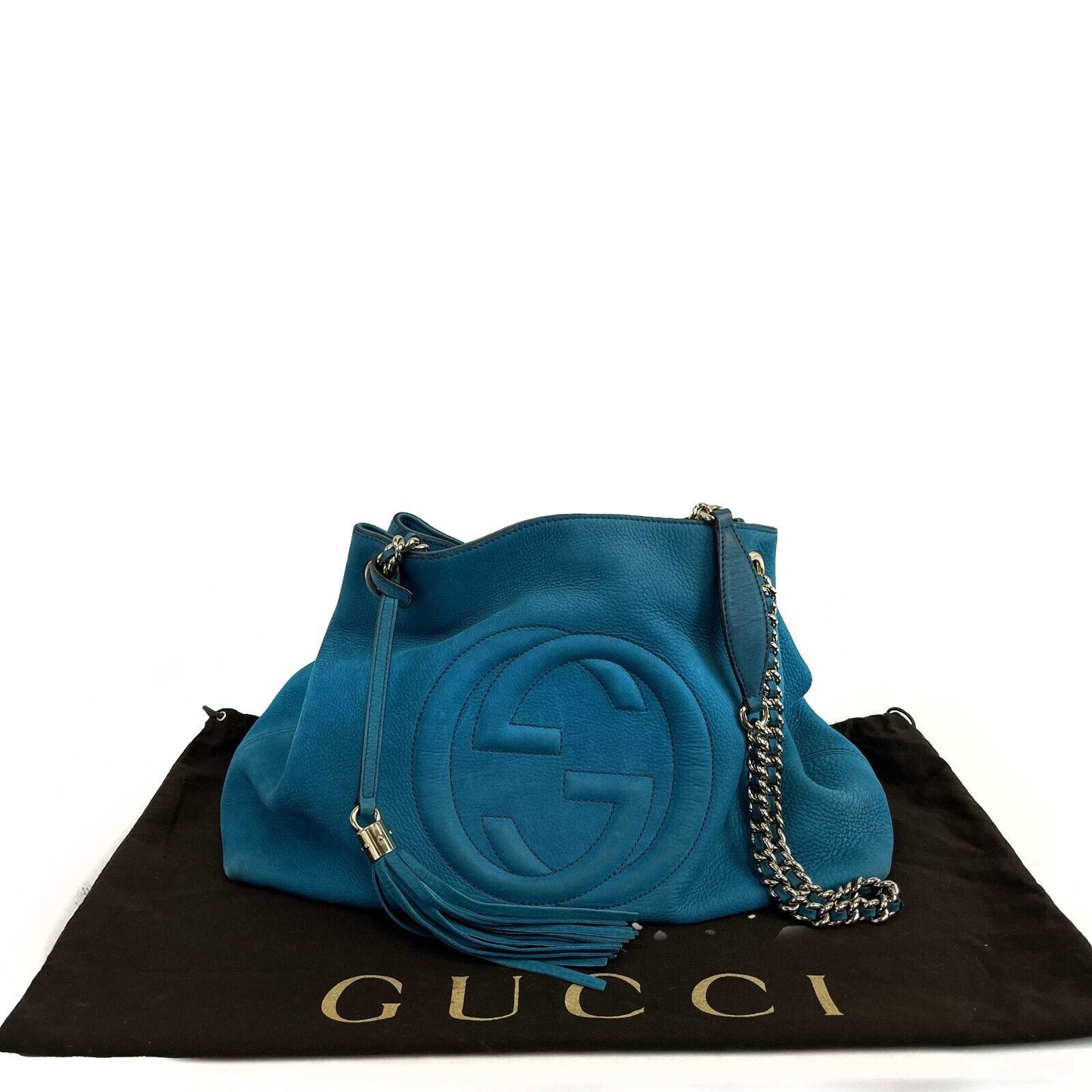 Gucci Nubuck Medium Soho Chain Shoulder Tote Aqua Blue Handbag