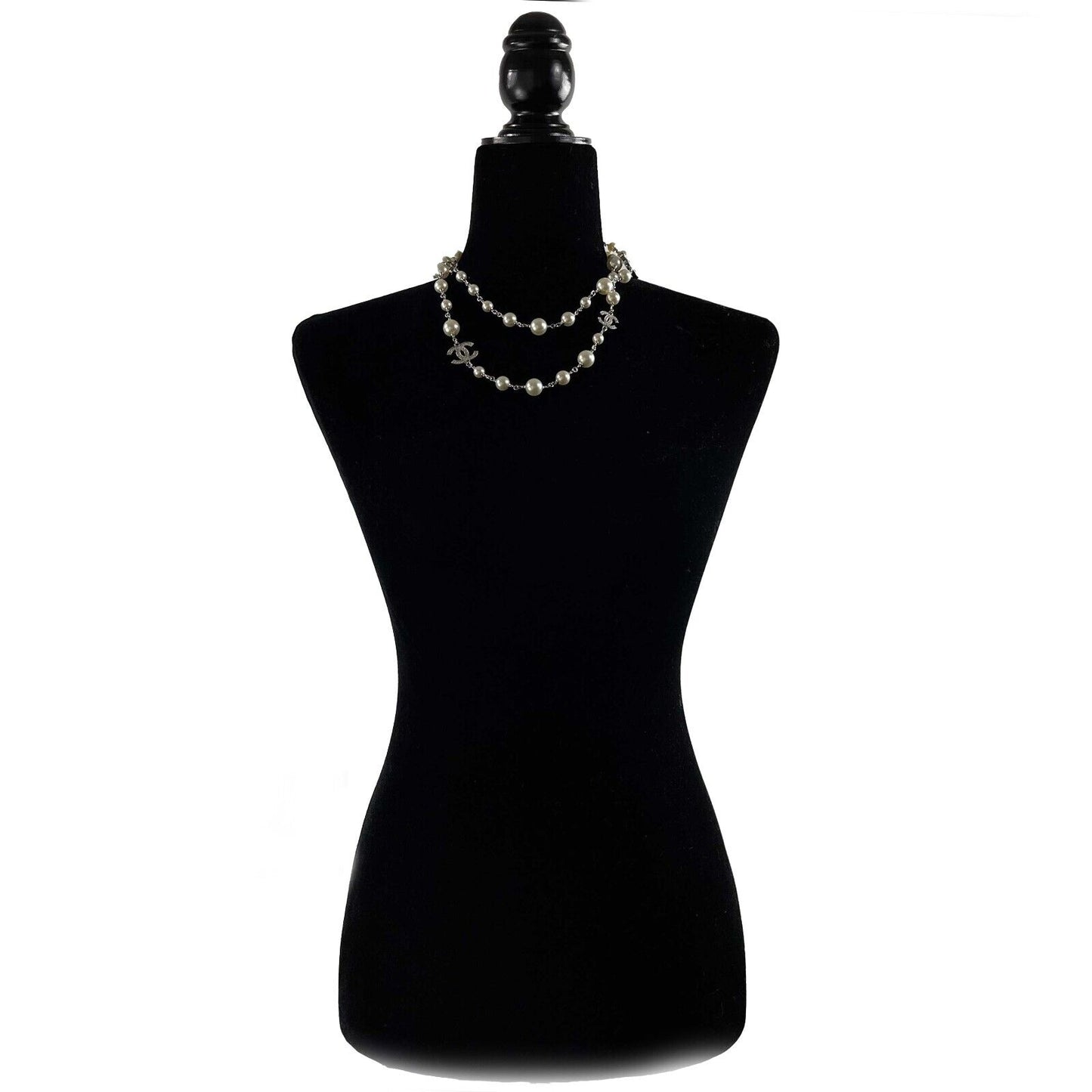Chanel 10A CC Charm Faux Pearl Crystal Long Silver Necklace