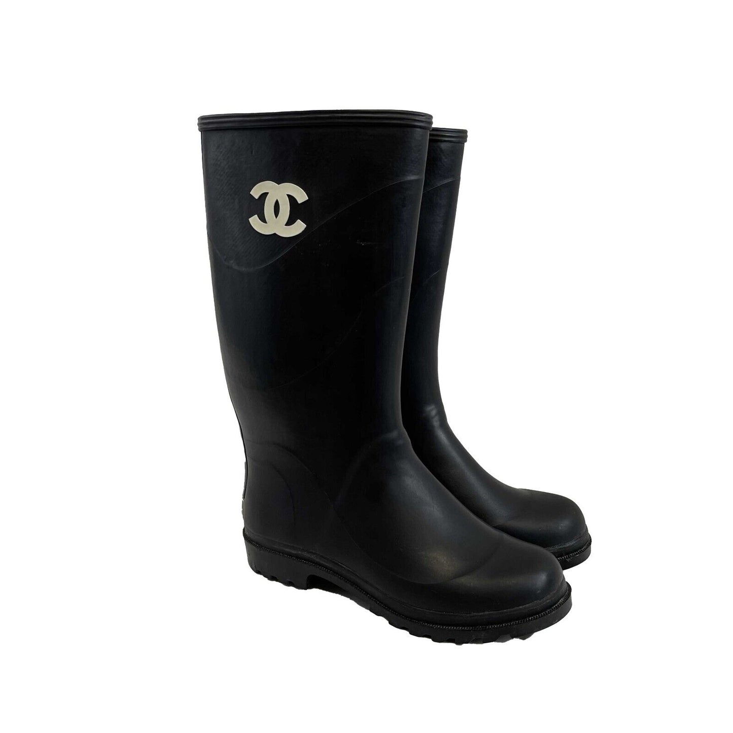 Chanel Very Good Vintage Rare CC Logo Rubber Rain Boots 90s Black 37 US 7 Shoes