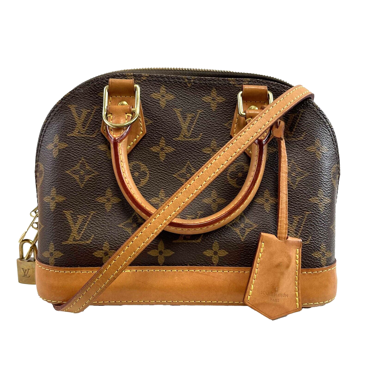 Louis Vuitton Alma Monogram Canvas BB Brown Good Handbag Crossbody Bag W/ Lock & Key