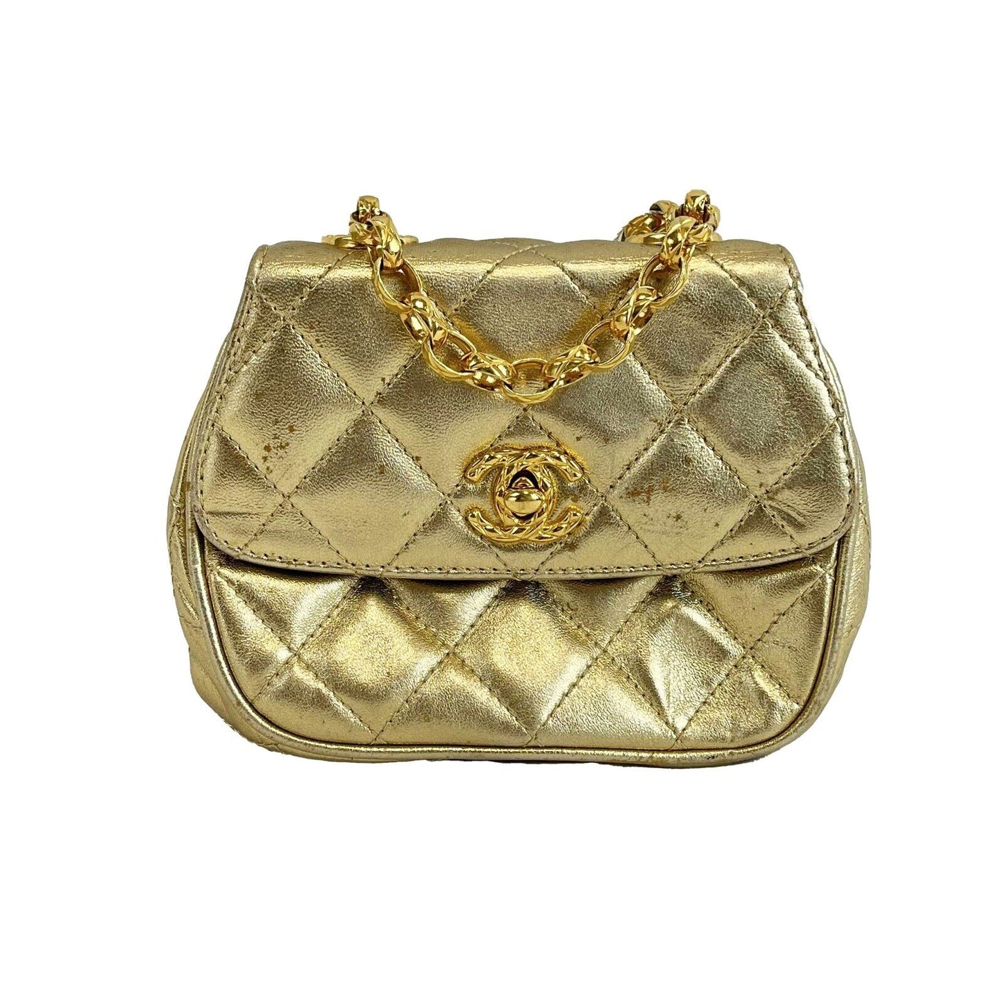 CHANEL - Mini Flap Bag Vintage Chain Metallic Gold CC Leather Quilted Crossbody