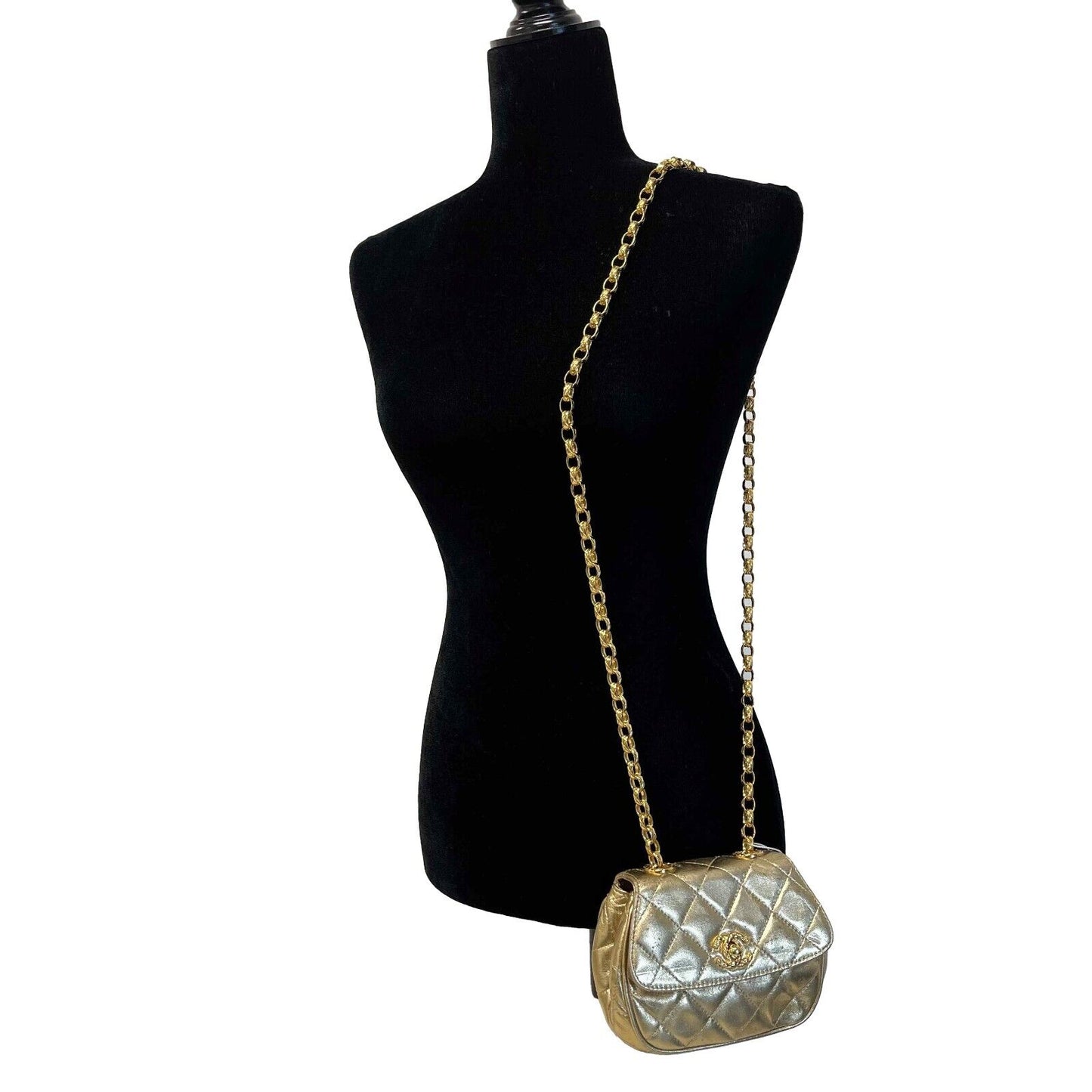 CHANEL - Mini Flap Bag Vintage Chain Metallic Gold CC Leather Quilted Crossbody