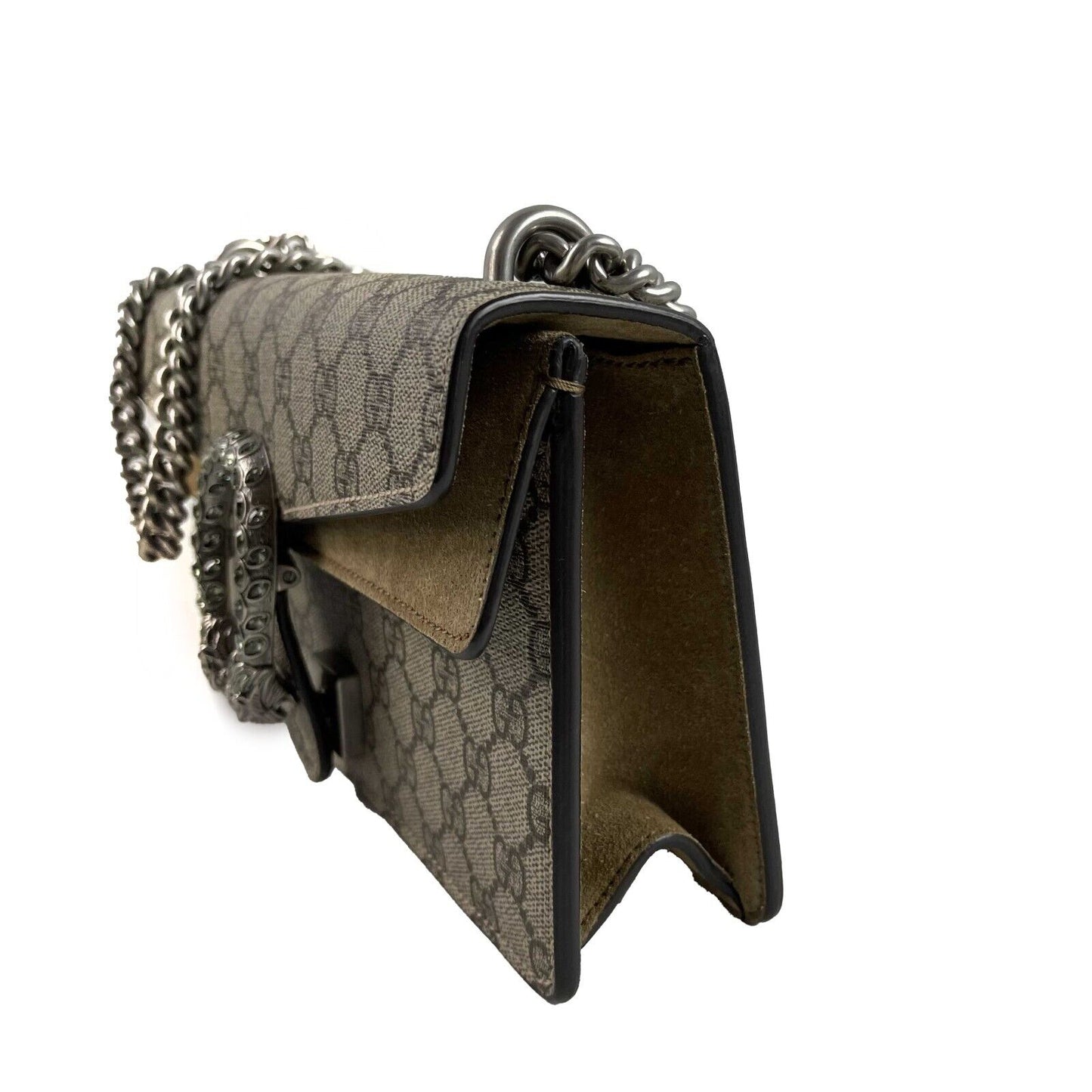 Gucci NWOT GG Supreme Monogram Suede Crystal Small Dionysus Brown Handbag