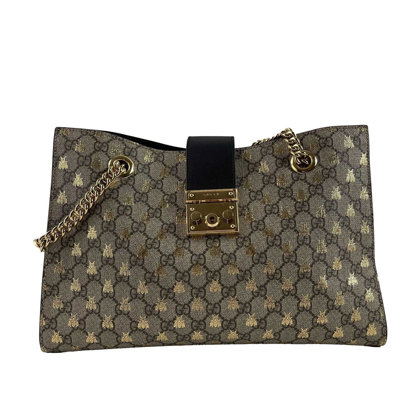 Gucci Padlock Chain Tote GG Supreme Monogram Bees Medium Brown Handbag Excellent