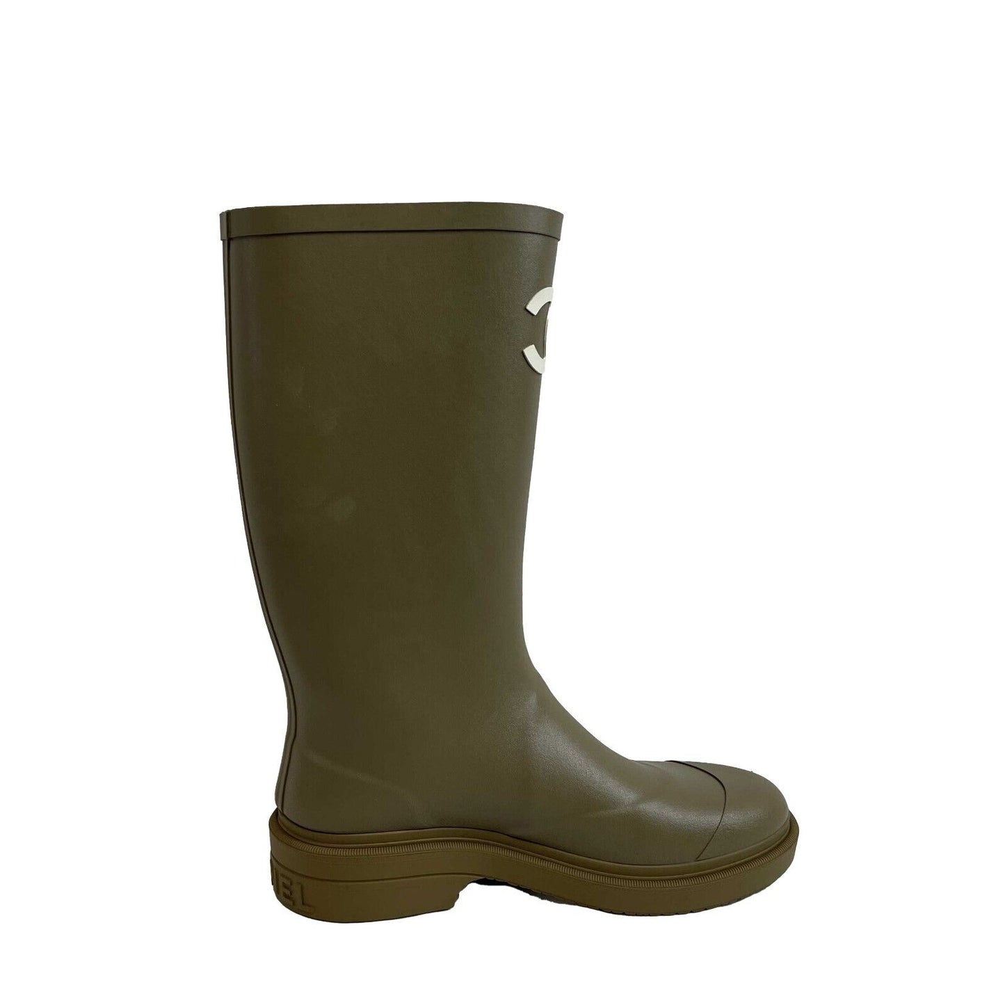 Chanel 22K NIB Army Green Chanel CC Logo Rubber Rain boots 37 US 7 / 6.5