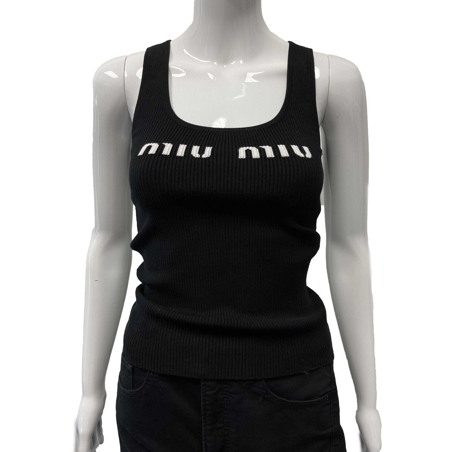 Miu Miu Viscose Tank Top In Nero Black Ribbed Tank Black, White 38 US 2