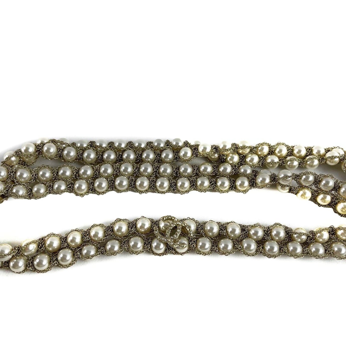 Chanel New Pearl Style Necklace Double Strand White CC Charm Chain Wrapped 2015