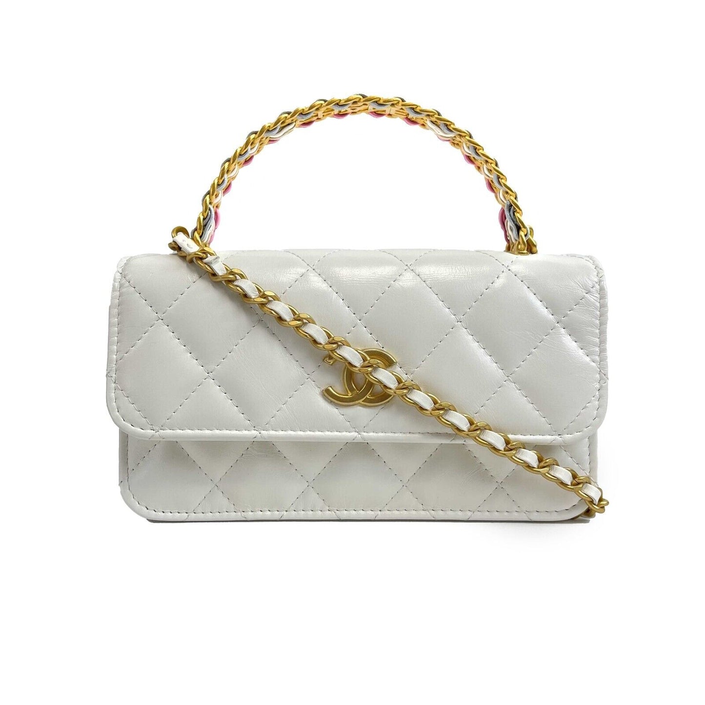CHANEL - Phone Holder Quilted White Lambskin CC ‘CHANEL’ Top Handle / Crossbody