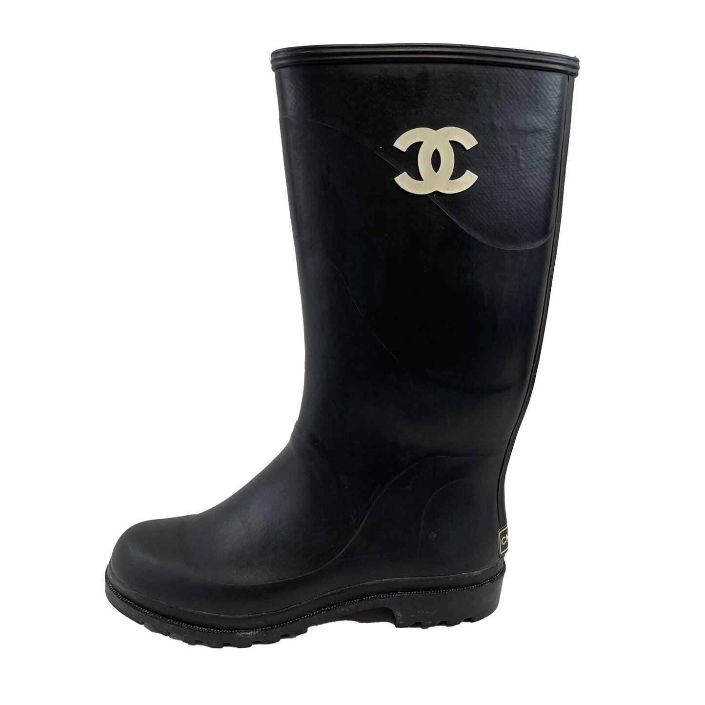 Chanel Very Good Vintage Rare CC Logo Rubber Rain Boots 90s Black 37 US 7 Shoes