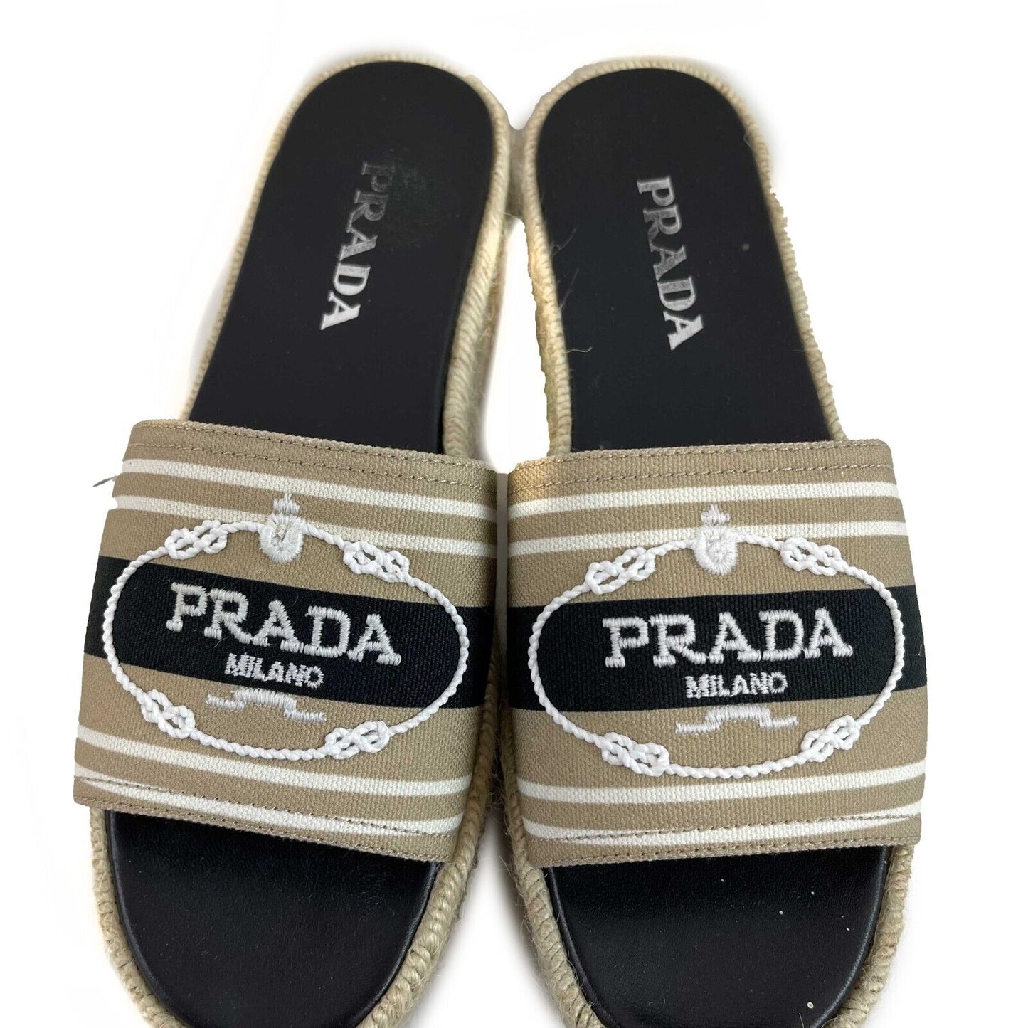 Prada Excellent Corda Espadrille Slide Embroidered Strip Platform 39.5 US 9.5