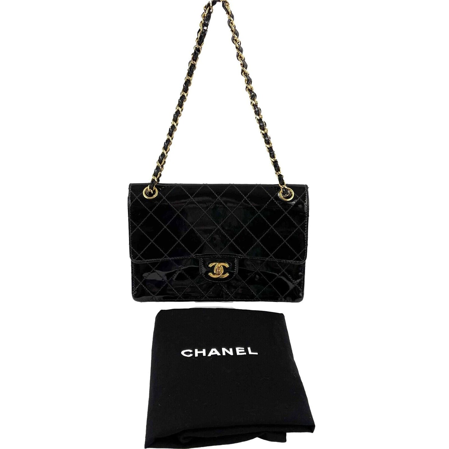 Chanel - Black Vintage CC Turnlock - Patent Quilted Flap - Gold Hardware Handbag