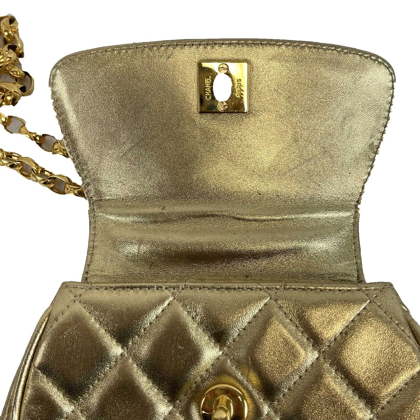 CHANEL - Mini Flap Bag Vintage Chain Metallic Gold CC Leather Quilted Crossbody