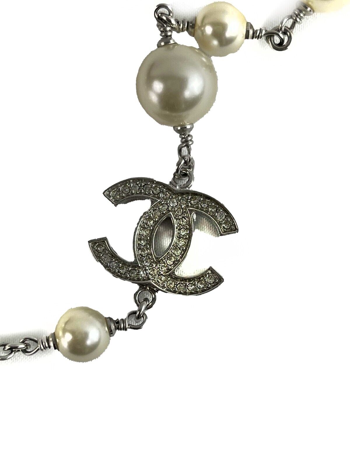Chanel 10A CC Charm Faux Pearl Crystal Long Silver Necklace