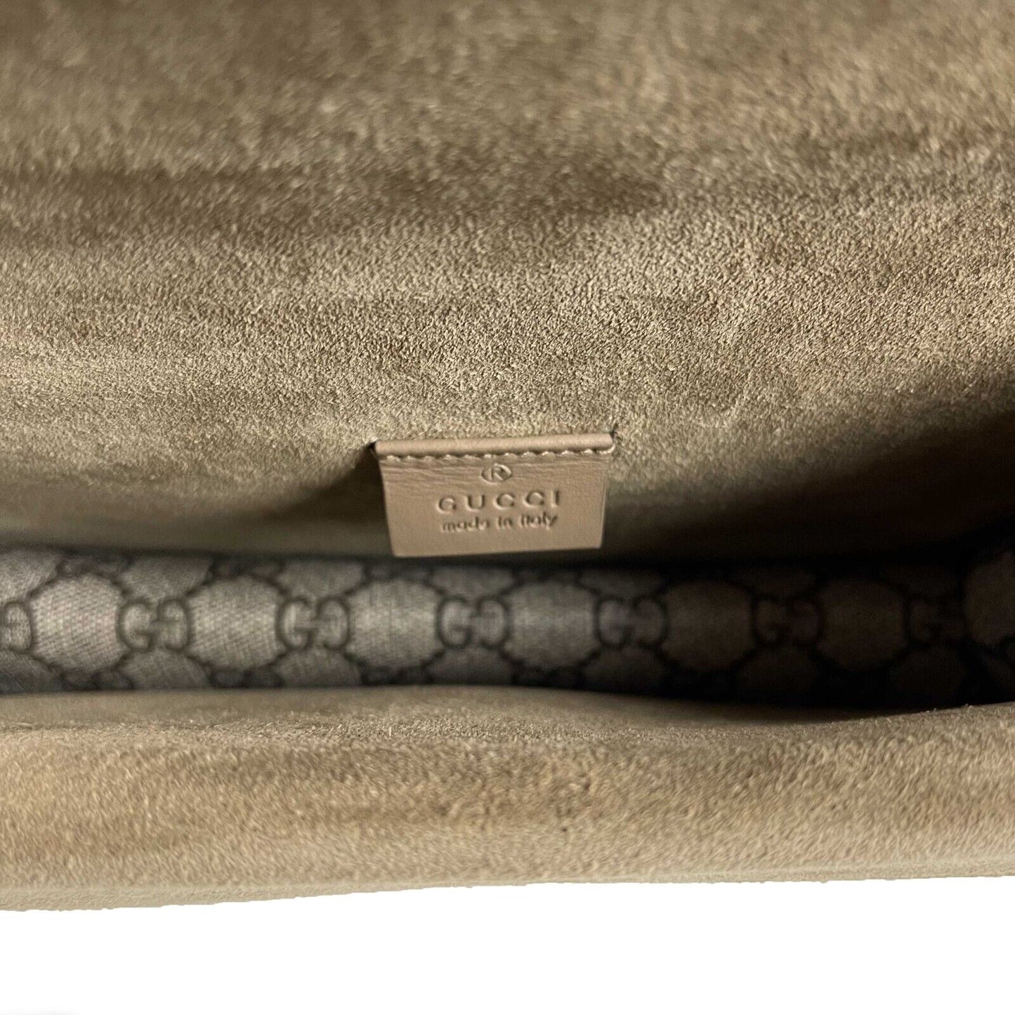 Gucci NWOT GG Supreme Monogram Suede Crystal Small Dionysus Brown Handbag
