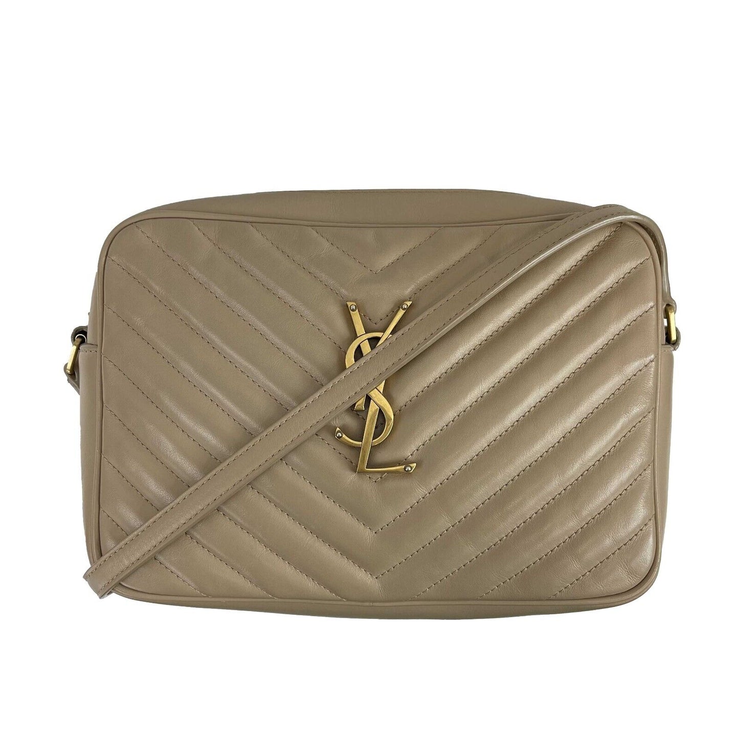 Saint Laurent - YSL Dark Beige Chevron Leather Small Camera Bag w/ Tassel Crossbody