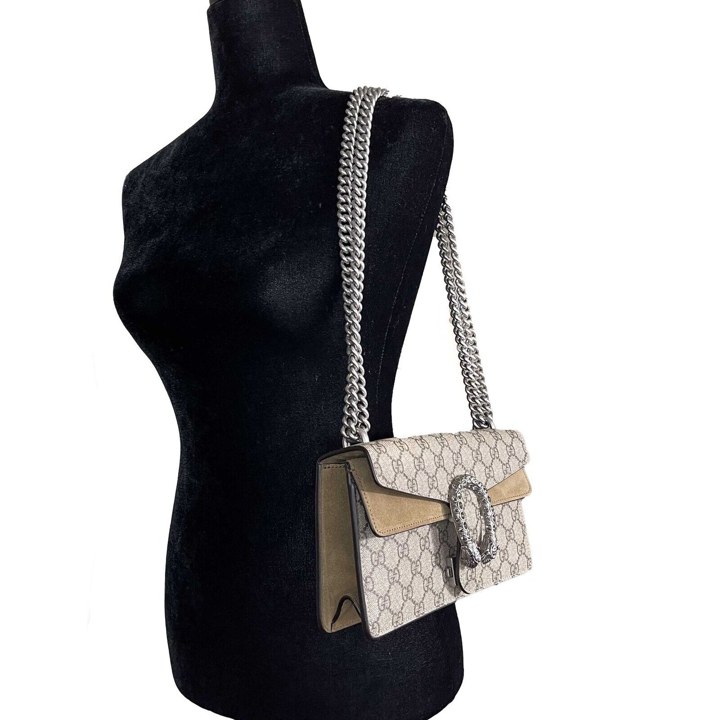 Gucci NWOT GG Supreme Monogram Suede Crystal Small Dionysus Brown Handbag
