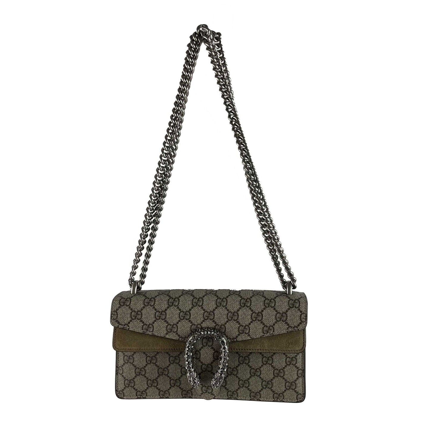 Gucci NWOT GG Supreme Monogram Suede Crystal Small Dionysus Brown Handbag