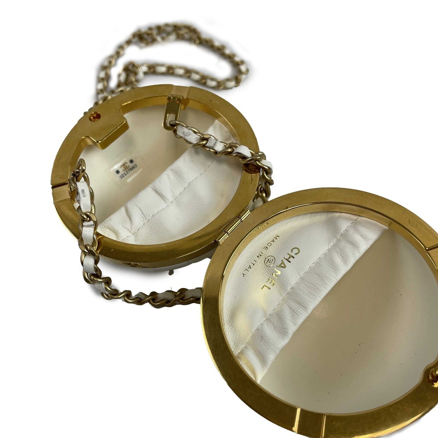 Chanel Paris Coco Sphere Minaudiere Chain Clutch Handbag White Crossbody 2022