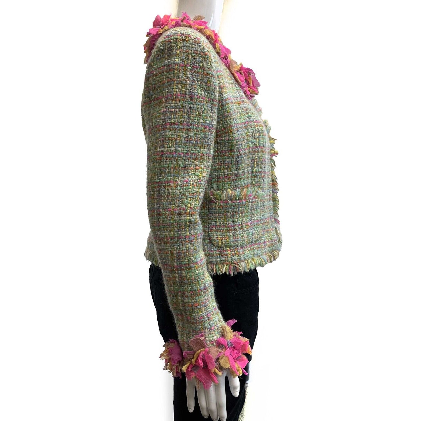 CHANEL - Tweed Jacket Ripped Flower Trim Fringe - Mint Green FR 38 US 6