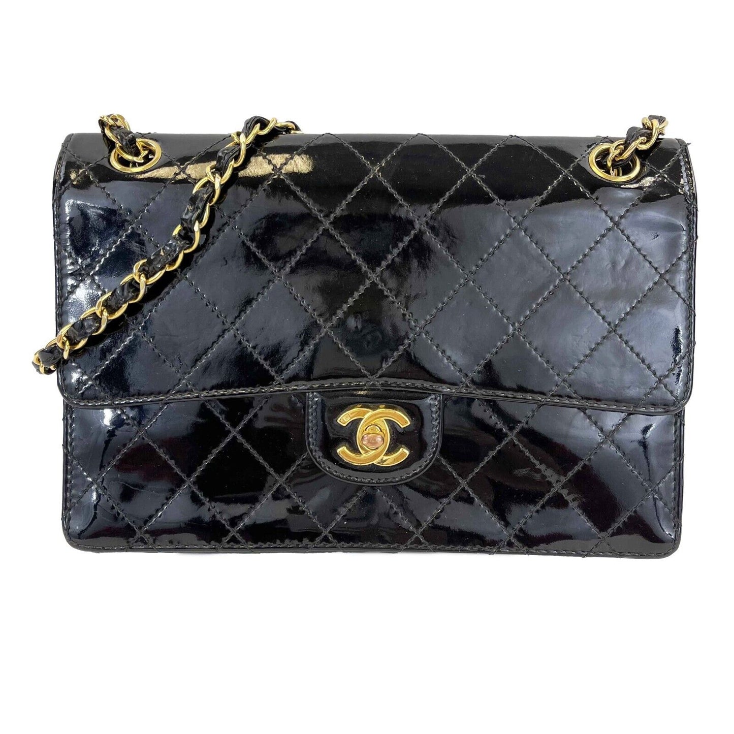 Chanel - Black Vintage CC Turnlock - Patent Quilted Flap - Gold Hardware Handbag