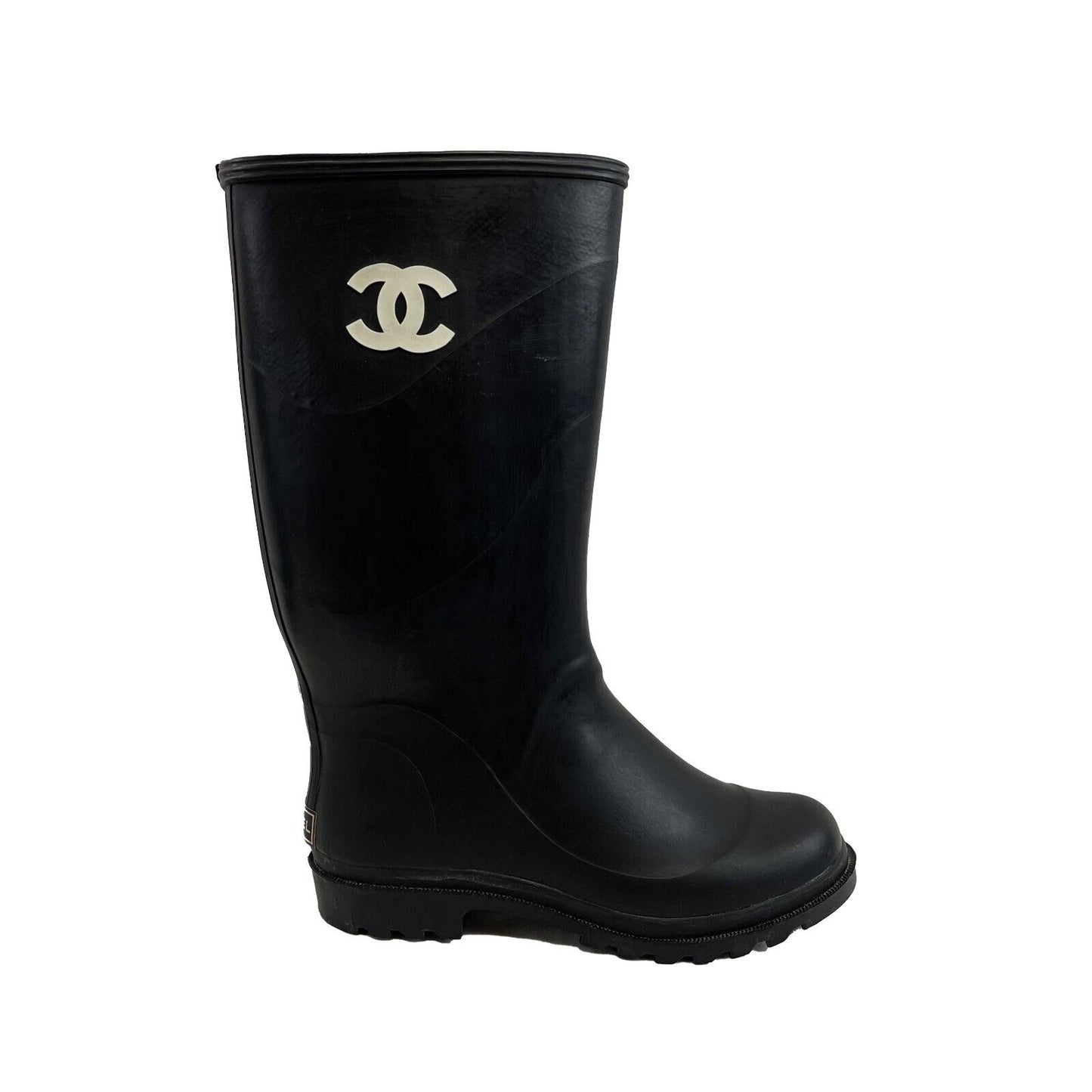 Chanel Very Good Vintage Rare CC Logo Rubber Rain Boots 90s Black 37 US 7 Shoes