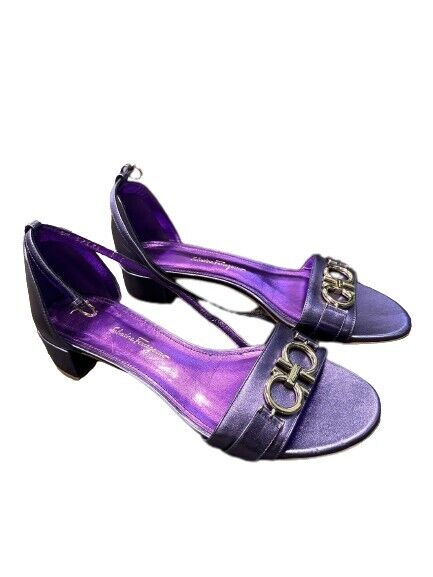 Salvatore Ferragamo - Como Gancini Metallic Purple Leather Sandals - Size 8