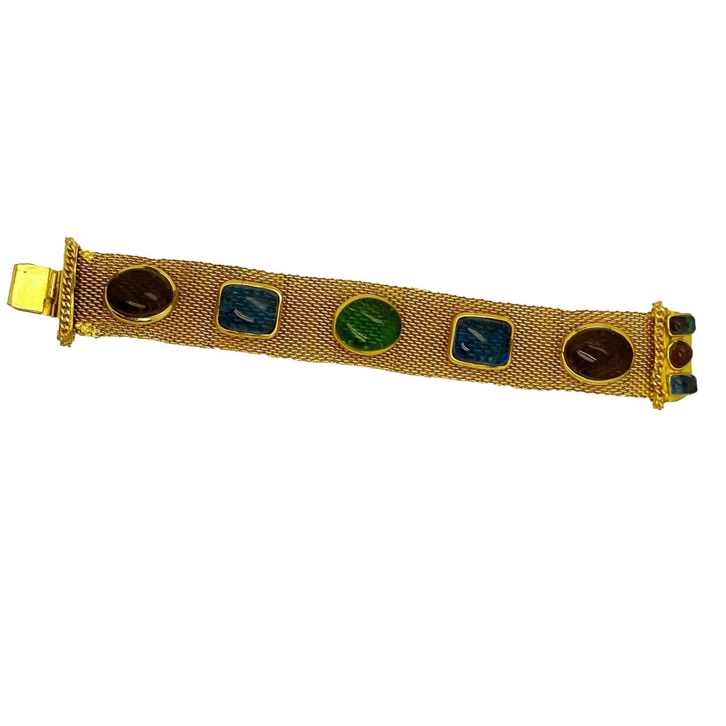CHANEL - Vintage Mesh Gold Bracelet with Gripoix Multicolor Glass Stones