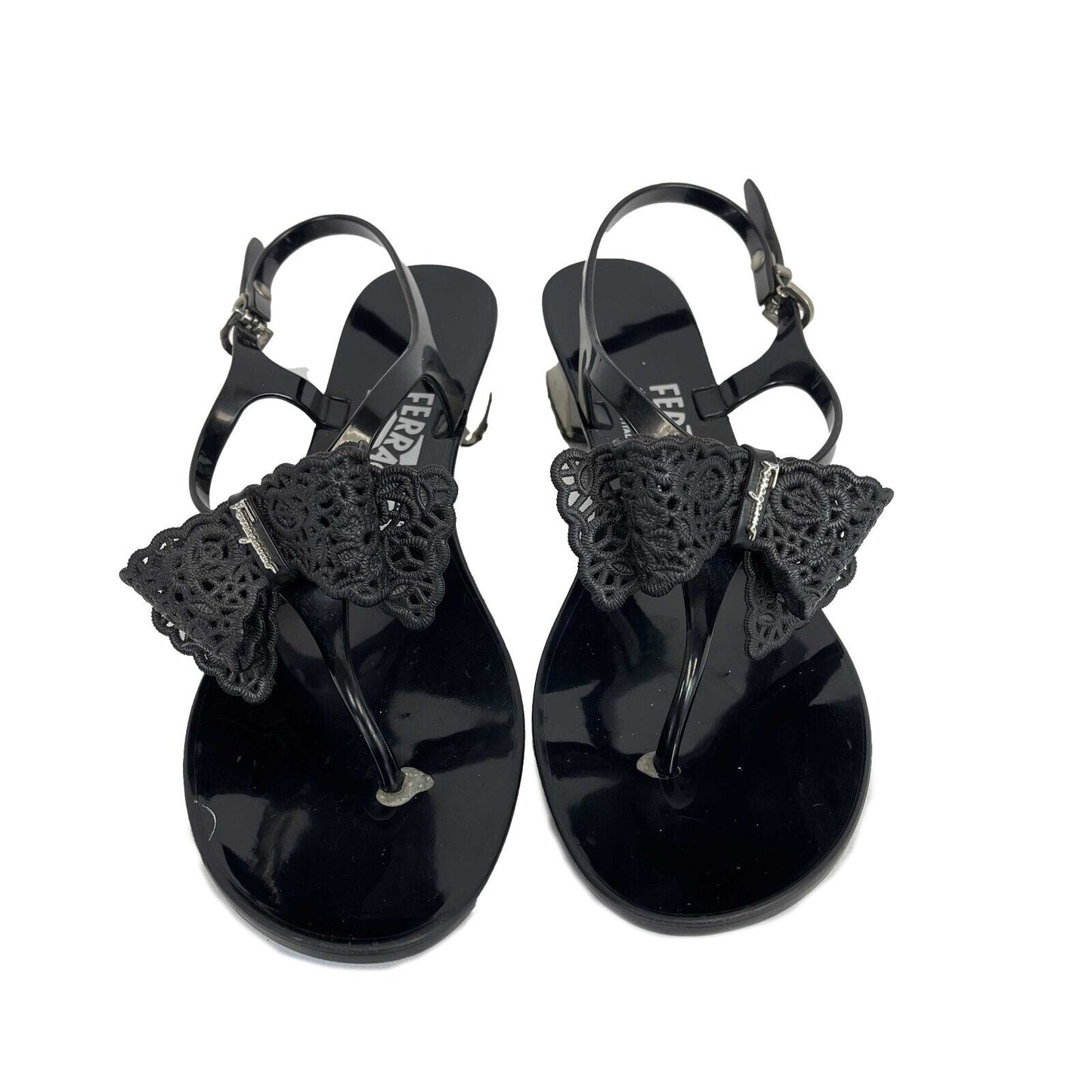 Salvatore Ferragamo - Rubber Strap Black Bow Block Heel Sandals - Size US 6