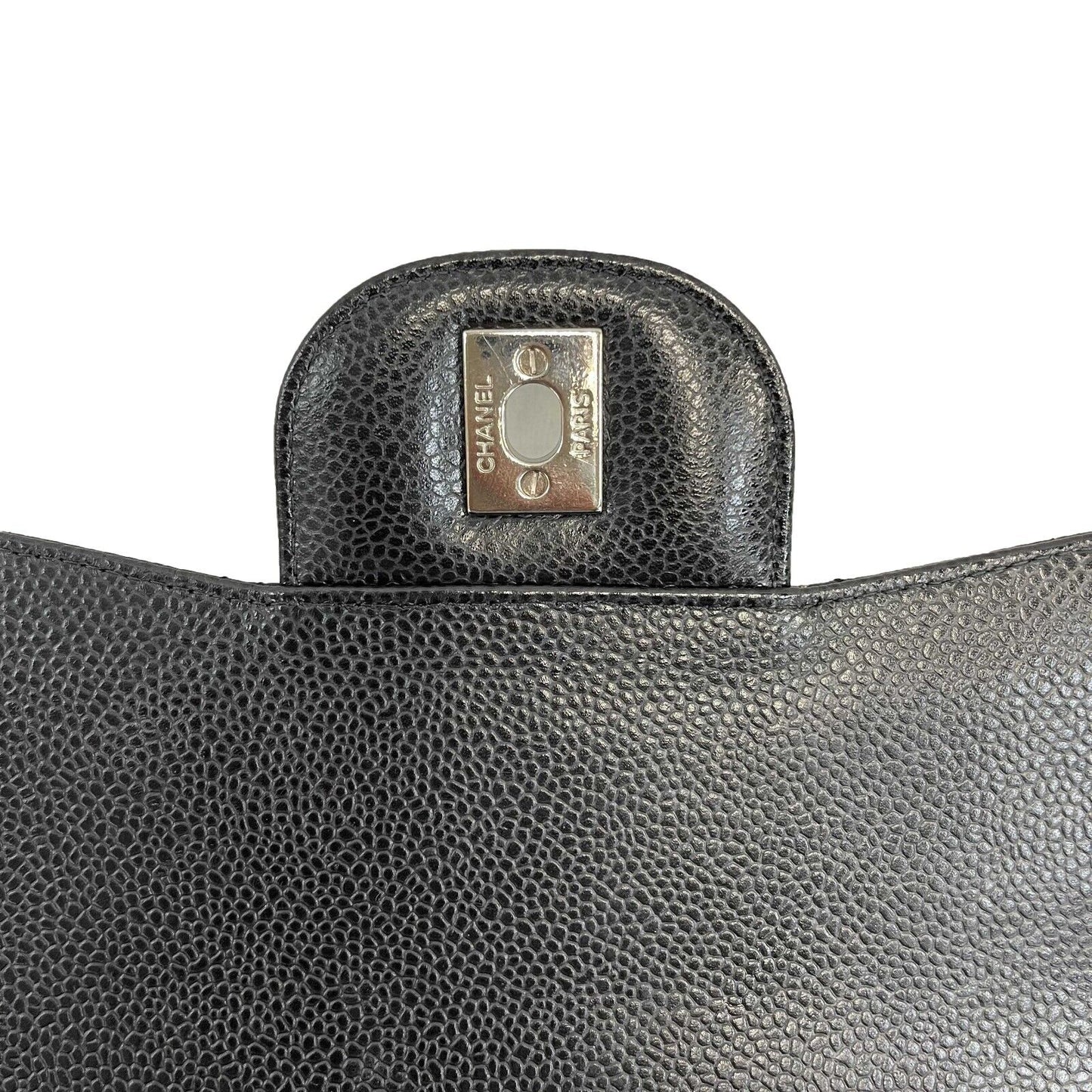 CHANEL CC Caviar Leather Jumbo Classic Double Flap Black / Silver Shoulder Bag