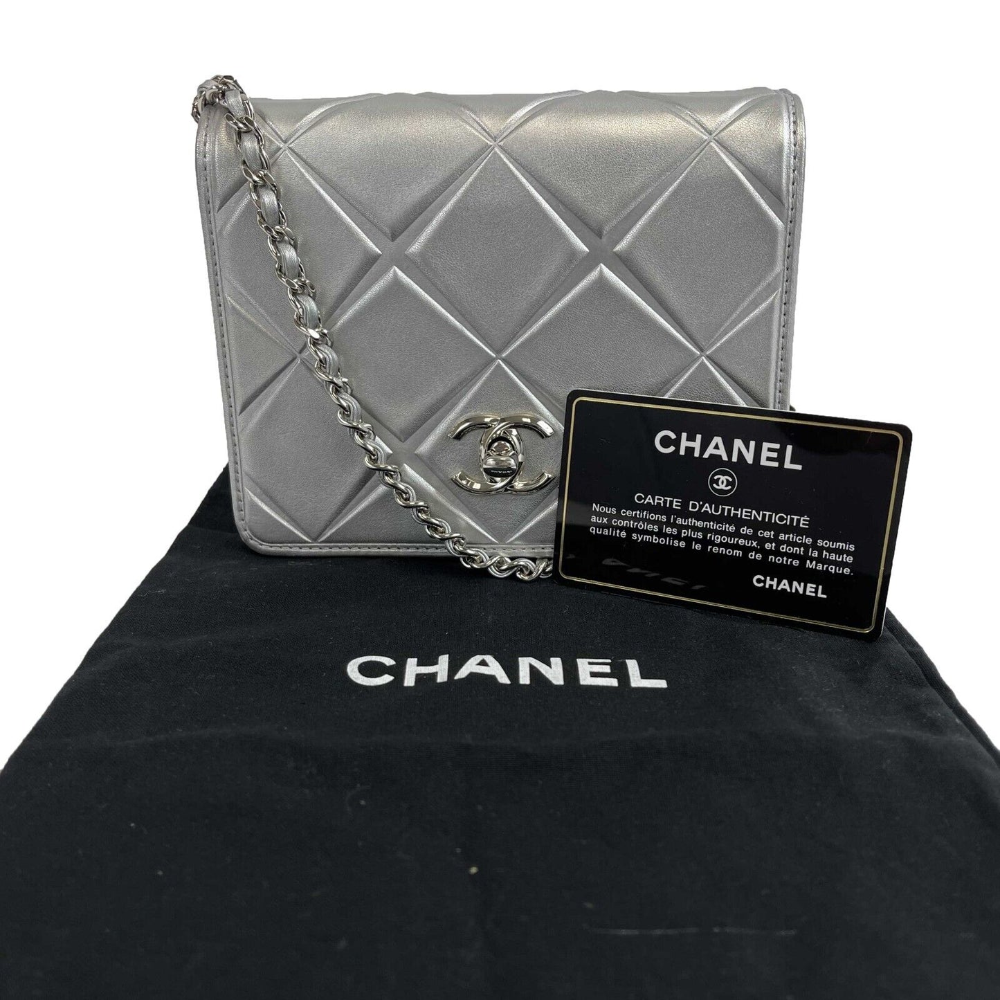 CHANEL Mini CC Propellor Square Flap Silver Leather Flap Bag Crossbody / Clutch