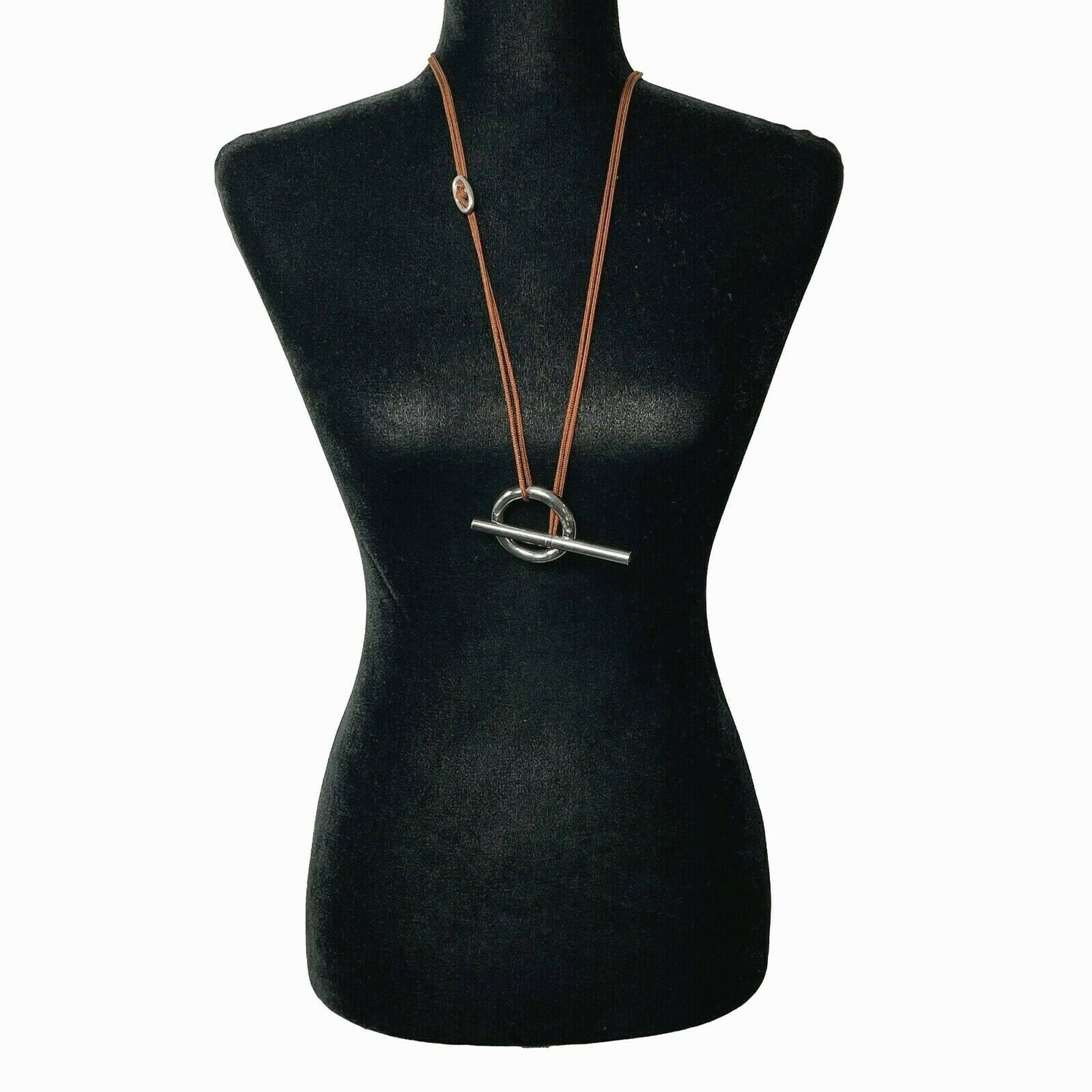 Hermes - Brown Rope Necklace - Skipper Double Wrap - Circle Bar - Silver