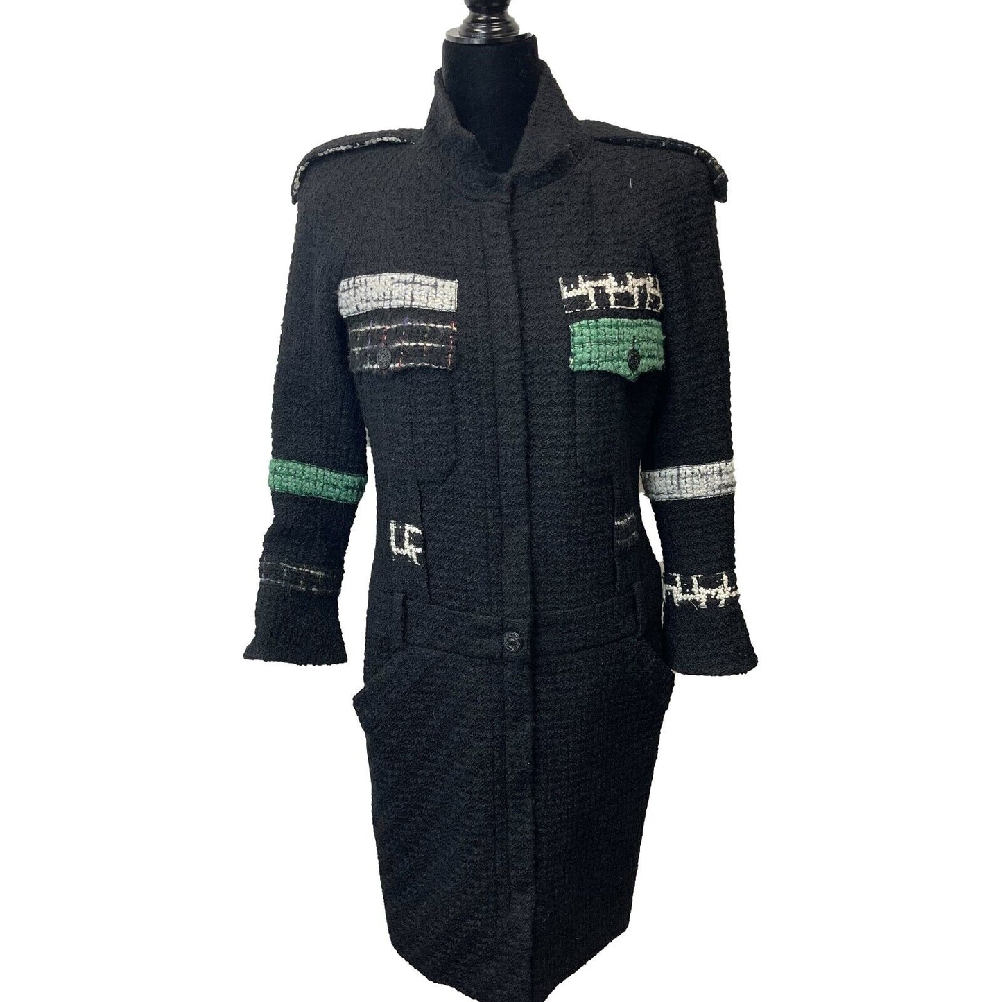 CHANEL - 09A Runway Black Tweed Boucle Coat Dress 40 US 8 - Black / Green