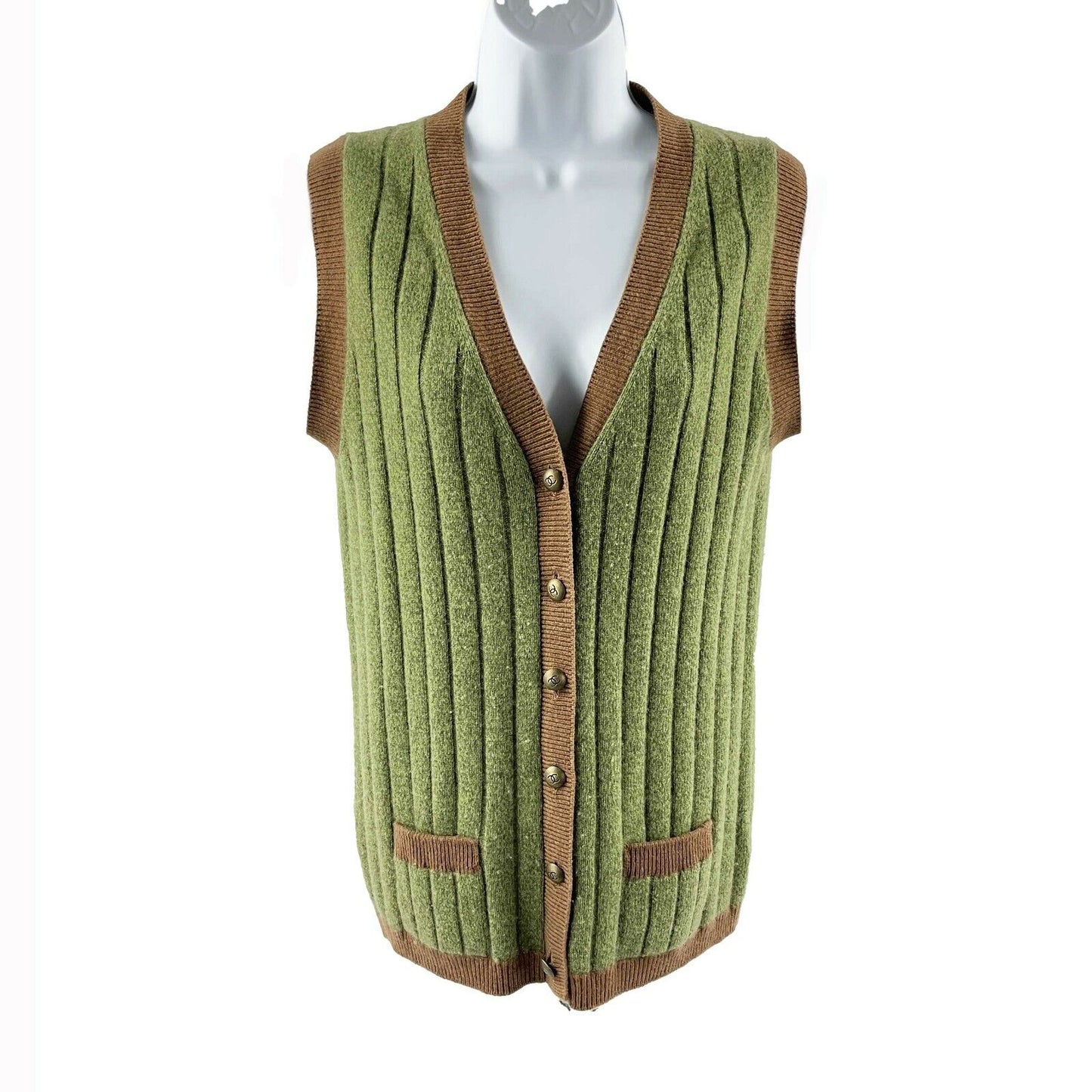 CHANEL 1997 Sweater Set Turtleneck / Vest - CC Green Ribbed Cashmere 42 US 10 97A